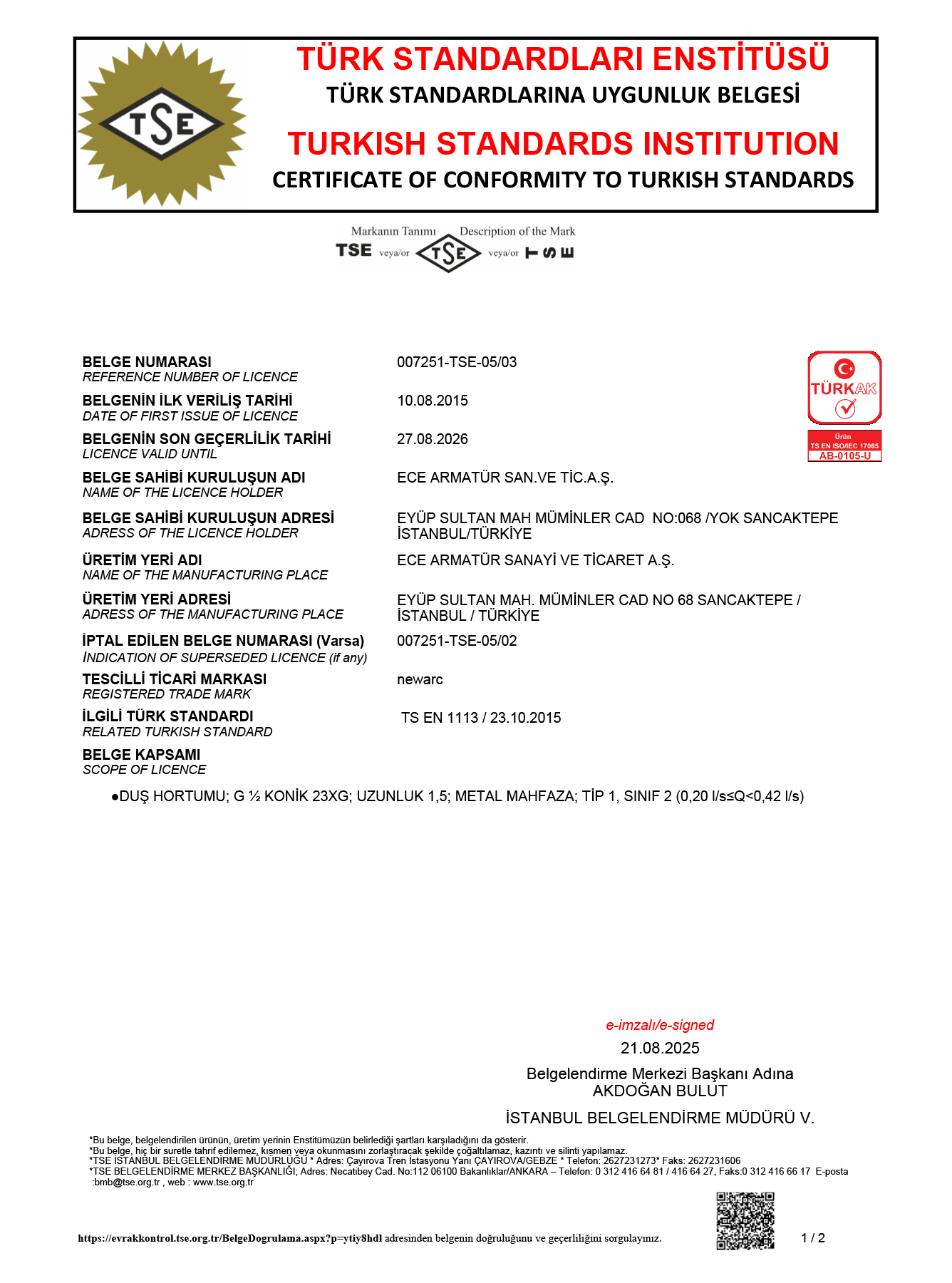 ECE ARMATÜR NEWARC TSE EN 1113 DUŞ HORTUMLARI 15122025