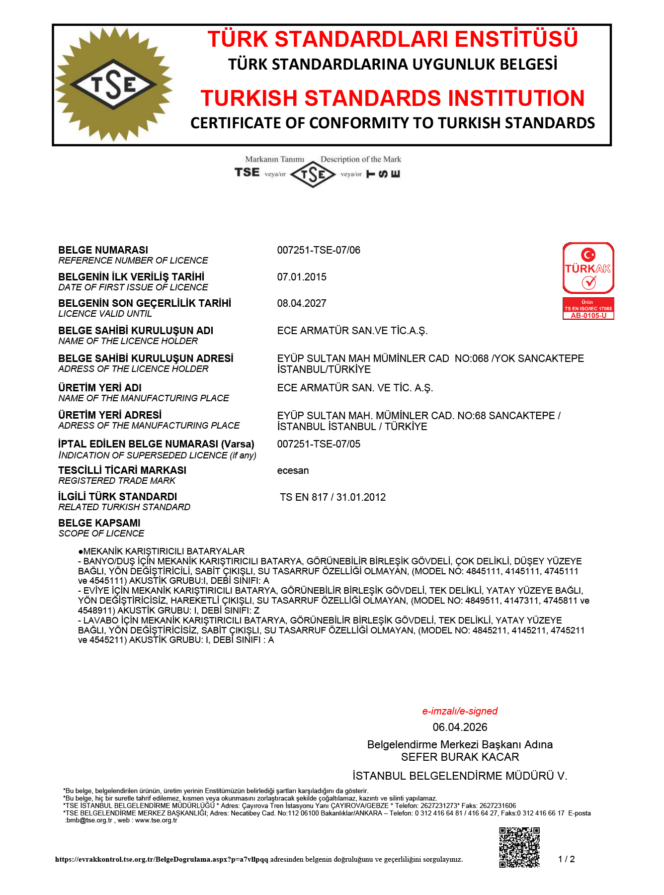 ECE ARMATÜR ECESAN TSE EN 817 MİX ARMATÜRLER NİSAN 2026-jp