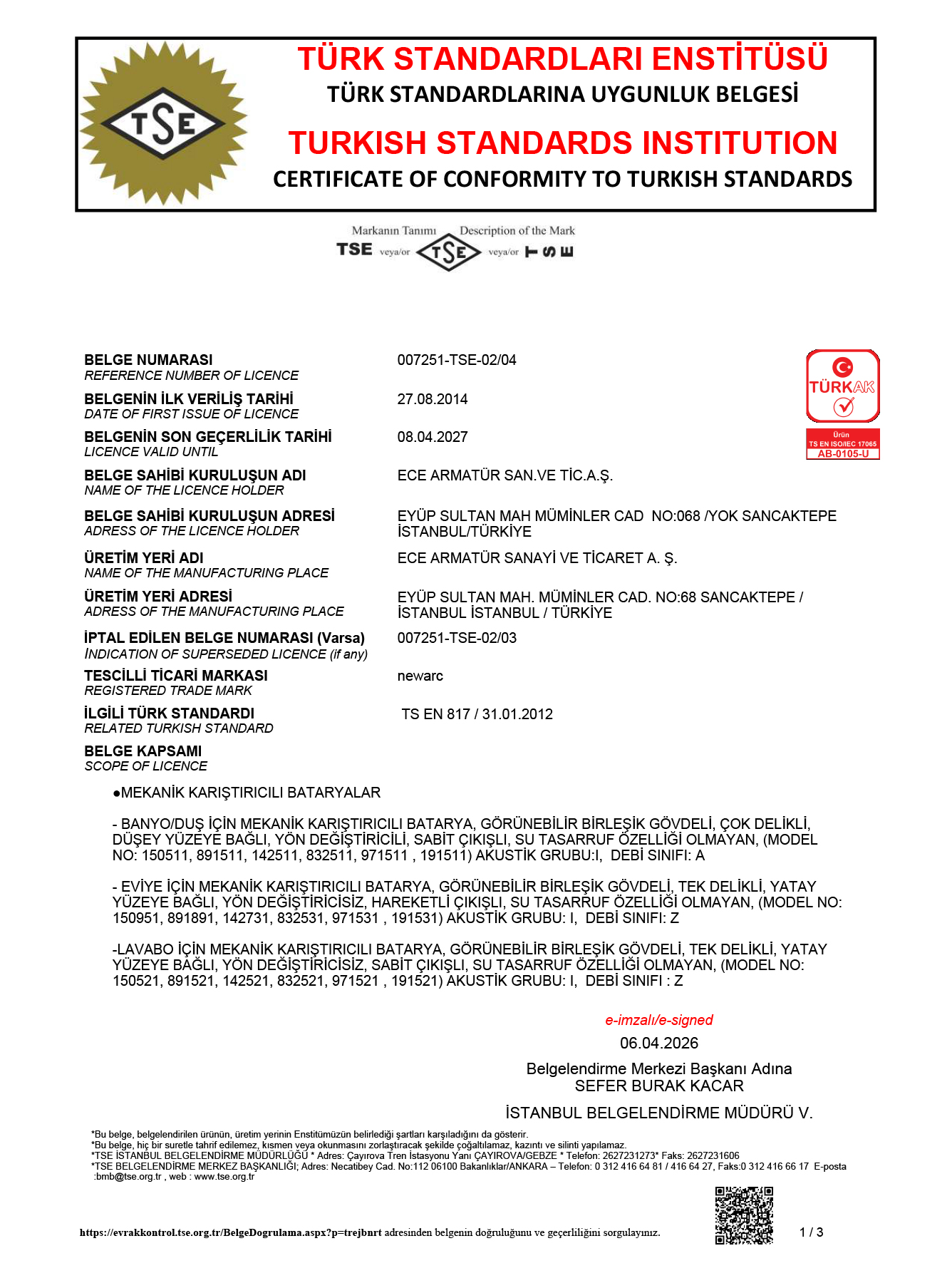 ECE ARMATÜR NEWARC TSE EN 817 MİX ARMATÜRLER NİSAN 2026-jp